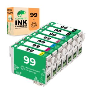 coloretto remanufactured ink cartridge replacement for epson 99 & 98 used for epson 730 810 837 835 800 7 pack (2 black 1 cyan 1 magenta 1 yellow 1 light cyan 1 light magenta) combo pack