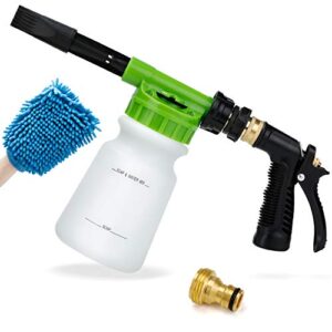 ohuhu car wash foam gun, car wash soap sprayer with 3/8" brass connector & car washing mitts, dual filtration, 6 levels of foam concentration, quick connect to most garden hose (green)
