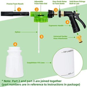 Ohuhu Car Wash Foam Gun, Car Wash Soap Sprayer with 3/8" Brass Connector & Car Washing Mitts, Dual Filtration, 6 Levels of Foam Concentration, Quick Connect to Most Garden Hose (Green)