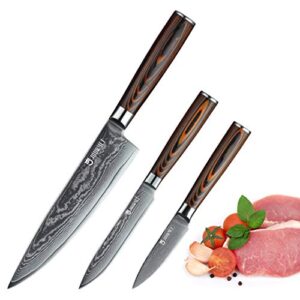 jourmet 3pc damascus knife set with japanese vg10 super steel core, professional 67-layer handmade pakka wood handle with s/s 430 bolster