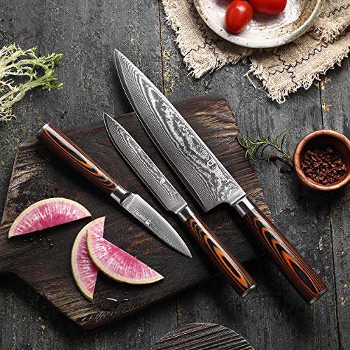 Jourmet 3PC Damascus Knife Set with Japanese VG10 Super Steel Core, Professional 67-layer Handmade PAKKA Wood Handle with S/S 430 Bolster