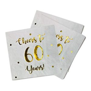 Cheers to 60 Years Cocktail Napkins | Happy 60th Birthday Decorations for Men and Women and Wedding Anniversary Party Decorations | 50-Pack 3-Ply Napkins | 5 x 5 inch folded (White)