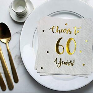 Cheers to 60 Years Cocktail Napkins | Happy 60th Birthday Decorations for Men and Women and Wedding Anniversary Party Decorations | 50-Pack 3-Ply Napkins | 5 x 5 inch folded (White)