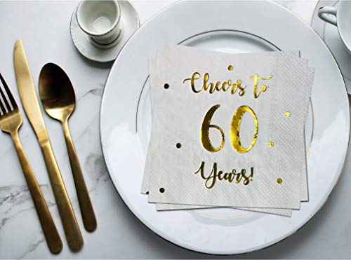 Cheers to 60 Years Cocktail Napkins | Happy 60th Birthday Decorations for Men and Women and Wedding Anniversary Party Decorations | 50-Pack 3-Ply Napkins | 5 x 5 inch folded (White)