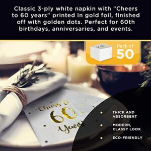 Cheers to 60 Years Cocktail Napkins | Happy 60th Birthday Decorations for Men and Women and Wedding Anniversary Party Decorations | 50-Pack 3-Ply Napkins | 5 x 5 inch folded (White)