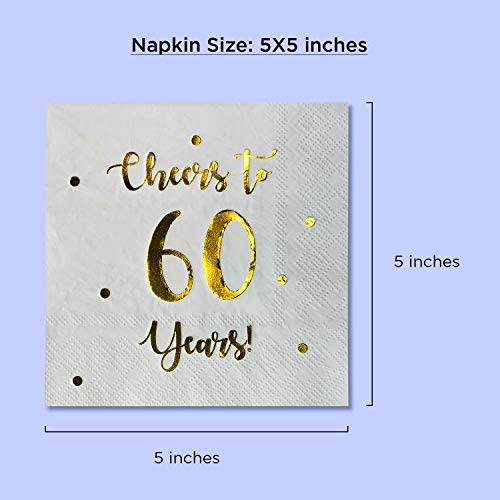 Cheers to 60 Years Cocktail Napkins | Happy 60th Birthday Decorations for Men and Women and Wedding Anniversary Party Decorations | 50-Pack 3-Ply Napkins | 5 x 5 inch folded (White)