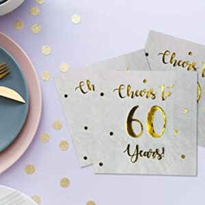 Cheers to 60 Years Cocktail Napkins | Happy 60th Birthday Decorations for Men and Women and Wedding Anniversary Party Decorations | 50-Pack 3-Ply Napkins | 5 x 5 inch folded (White)