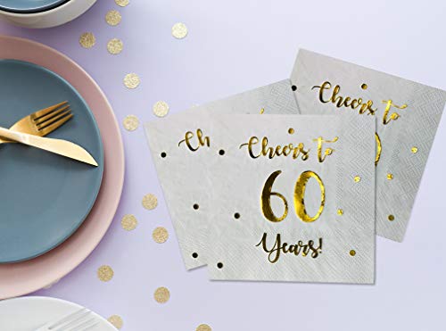 Cheers to 60 Years Cocktail Napkins | Happy 60th Birthday Decorations for Men and Women and Wedding Anniversary Party Decorations | 50-Pack 3-Ply Napkins | 5 x 5 inch folded (White)