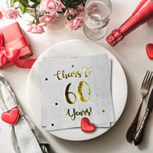 Cheers to 60 Years Cocktail Napkins | Happy 60th Birthday Decorations for Men and Women and Wedding Anniversary Party Decorations | 50-Pack 3-Ply Napkins | 5 x 5 inch folded (White)