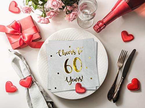 Cheers to 60 Years Cocktail Napkins | Happy 60th Birthday Decorations for Men and Women and Wedding Anniversary Party Decorations | 50-Pack 3-Ply Napkins | 5 x 5 inch folded (White)