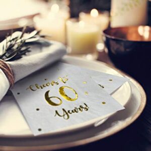 Cheers to 60 Years Cocktail Napkins | Happy 60th Birthday Decorations for Men and Women and Wedding Anniversary Party Decorations | 50-Pack 3-Ply Napkins | 5 x 5 inch folded (White)