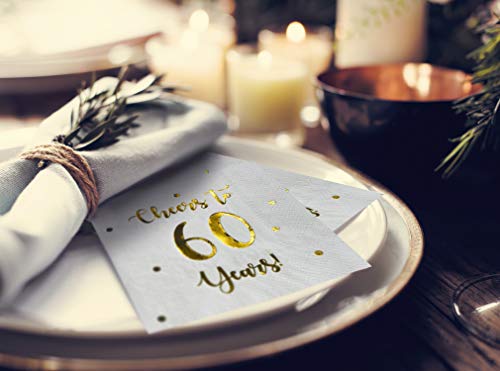 Cheers to 60 Years Cocktail Napkins | Happy 60th Birthday Decorations for Men and Women and Wedding Anniversary Party Decorations | 50-Pack 3-Ply Napkins | 5 x 5 inch folded (White)