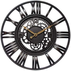 infinity instruments ltd. roman gear 15 inch decorative steampunk industrial exposed gear living room wall clock home decor designer battery operated (black)
