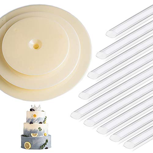 Plastic Dowels for Cakes, 9 Pieces Cake Dowel Rods and 3 Pieces Cake Circle Bases for Tiered Cake Construction and Stacking(9" Rods + 4.7" 6.3" 7.8" Bases)