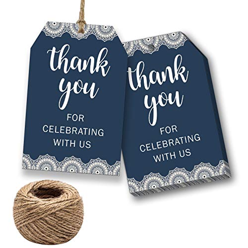 Thank You for Celebrating with Us Tags, 100Pcs Navy Blue Thank You Gift Tags for Wedding, Birthday, Baby Shower Party Favors, Paper Gift Tags with 100 Feet Natural Jute Twine.