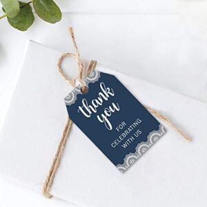 Thank You for Celebrating with Us Tags, 100Pcs Navy Blue Thank You Gift Tags for Wedding, Birthday, Baby Shower Party Favors, Paper Gift Tags with 100 Feet Natural Jute Twine.