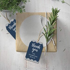 Thank You for Celebrating with Us Tags, 100Pcs Navy Blue Thank You Gift Tags for Wedding, Birthday, Baby Shower Party Favors, Paper Gift Tags with 100 Feet Natural Jute Twine.