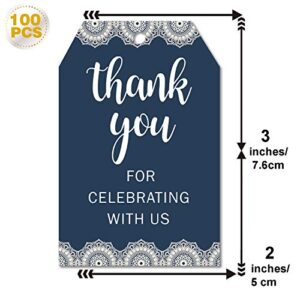 Thank You for Celebrating with Us Tags, 100Pcs Navy Blue Thank You Gift Tags for Wedding, Birthday, Baby Shower Party Favors, Paper Gift Tags with 100 Feet Natural Jute Twine.