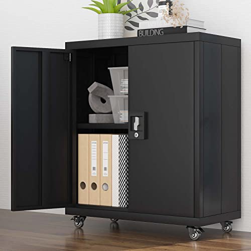 LUCYPAL Metal Storage Cabinets with Wheels,Lockable Steel Storage Cabinet with Doors and Shelves,Office Cabinet for Home,Office,Garage,Classroom,Black