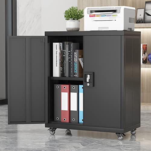 LUCYPAL Metal Storage Cabinets with Wheels,Lockable Steel Storage Cabinet with Doors and Shelves,Office Cabinet for Home,Office,Garage,Classroom,Black