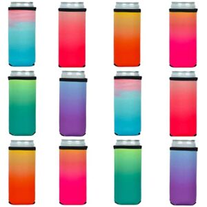 slim can cooler sleeves, 12oz skinny blank neoprene beer can cooler, soft insulated reusable diy personalized cooler for water bottle soda, for parties weddings events (bright, 12)