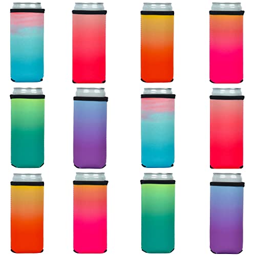 Slim Can Cooler Sleeves, 12oz Skinny Blank Neoprene Beer Can Cooler, Soft Insulated Reusable DIY Personalized Cooler for Water Bottle Soda, for Parties Weddings Events (Bright, 12)