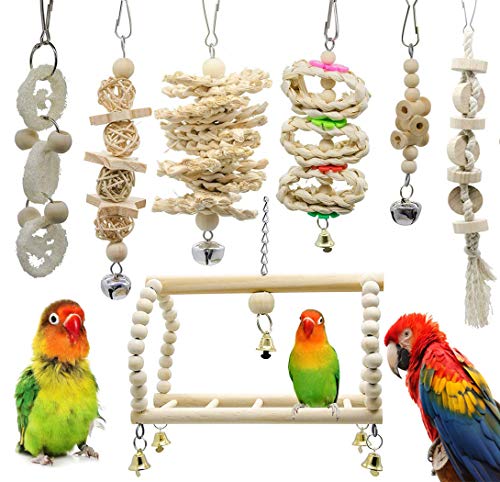 VolksRose 7 Packs Bird Parrot Swing Chewing Toys, Hanging Hammock Bell Pet Bird Climbing Stand Cage Toys Suitable for Small Parakeets, Cockatiels, Conures, Budgie, Macaws, Parrots, Mynah, Love Birds