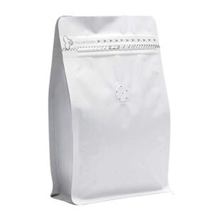 50 pieces 4 ounce white kraft paper coffee bags, stand up coffee pouches with one way degassing valve and reusable side zipper (pull tab to open) flat bottom - stand up well (4oz, 0.25lb, 100gram)