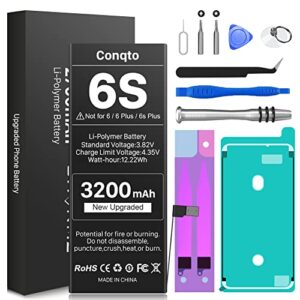 [3200mah] battery for iphone 6s (2023 new version), conqto new upgraded higher capacity 0 cycle battery replacement for iphone 6s model a1633, a1688, a1700 with complete professional repair tool kits