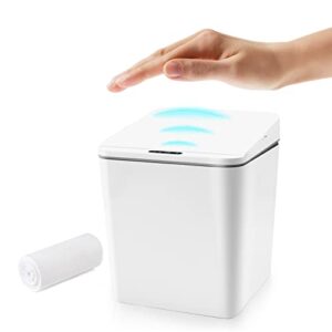 febhbrq touchless mini countertop trash can, automatic small garbage can for office desktop/bedside table/coffee bar/bathroom vanity, cute sensor/electric wastebasket with lid for kids, white-1.5 gal