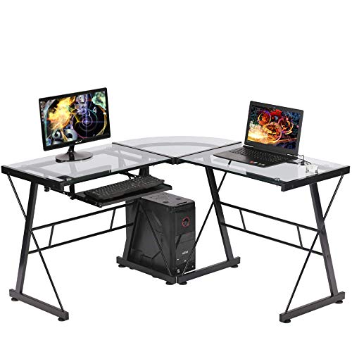 Reversible L-shaped Computer Corner Desk, Modern Toughened Glass L Shaped Round Corner Desk with Keyboard Tray & CPU Stand, PC Laptop Writing Gamer Workstation for Home Office Small Spaces (Clear)