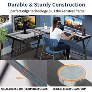 Reversible L-shaped Computer Corner Desk, Modern Toughened Glass L Shaped Round Corner Desk with Keyboard Tray & CPU Stand, PC Laptop Writing Gamer Workstation for Home Office Small Spaces (Clear)