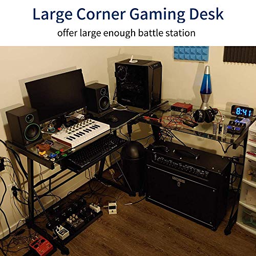 Reversible L-shaped Computer Corner Desk, Modern Toughened Glass L Shaped Round Corner Desk with Keyboard Tray & CPU Stand, PC Laptop Writing Gamer Workstation for Home Office Small Spaces (Clear)