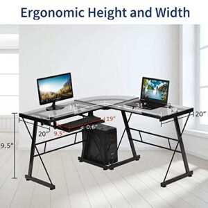 Reversible L-shaped Computer Corner Desk, Modern Toughened Glass L Shaped Round Corner Desk with Keyboard Tray & CPU Stand, PC Laptop Writing Gamer Workstation for Home Office Small Spaces (Clear)
