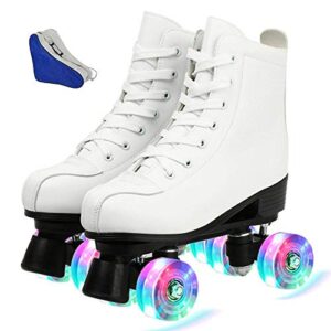 kalinnu womens roller skates, pu leather roller skates four-wheel high-top roller skates perfect indoor outdoor adult roller skates with bag (white flash,11)