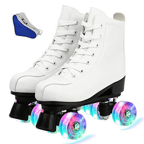 KALINNU Womens Roller Skates, PU Leather Roller Skates Four-Wheel High-top Roller Skates Perfect Indoor Outdoor Adult Roller Skates with Bag (White flash,11)