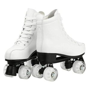 KALINNU Womens Roller Skates, PU Leather Roller Skates Four-Wheel High-top Roller Skates Perfect Indoor Outdoor Adult Roller Skates with Bag (White flash,11)