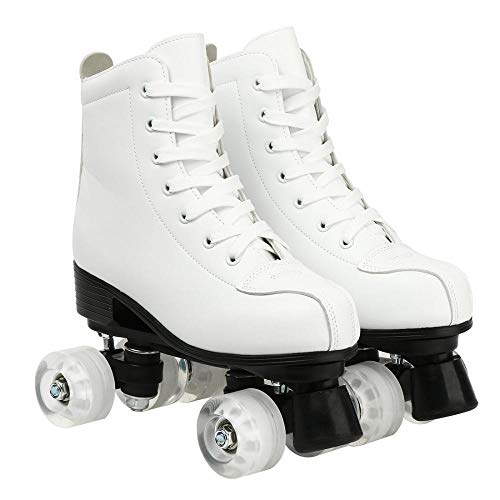 KALINNU Womens Roller Skates, PU Leather Roller Skates Four-Wheel High-top Roller Skates Perfect Indoor Outdoor Adult Roller Skates with Bag (White flash,11)