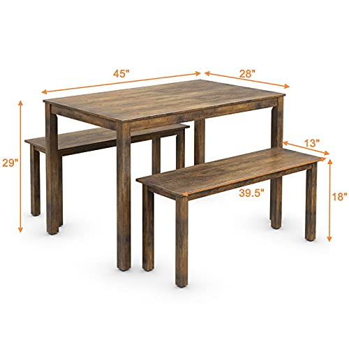 Giantex Dining Table with Bench, Wooden 3 Pcs Kitchen Dining Room Furniture for 4, Modern Studio Collection Table Set with 2 Benches, Dinette Set, Kitchen Small Bench Table Set (Coffee Brown)