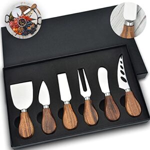 cheese knife, onipu 6-piece wood handle stainless steel cheese knife set, cheese accessories knives, cut, slice, shave spread all kinds of hard and soft cheese tool, gift box serving for all occasions