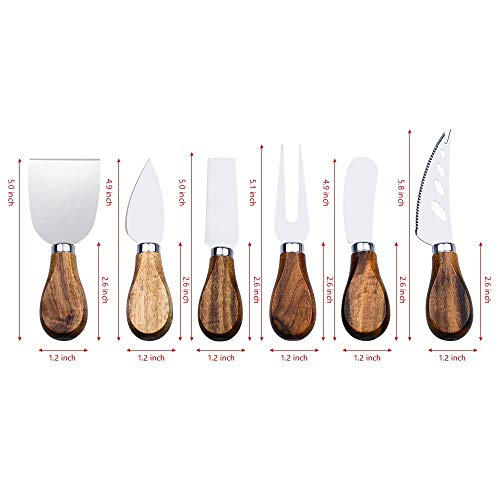 Cheese Knife, ONIPU 6-Piece Wood Handle Stainless Steel Cheese Knife Set, Cheese Accessories Knives, Cut, Slice, Shave Spread All Kinds of Hard and Soft Cheese Tool, Gift Box Serving for All Occasions