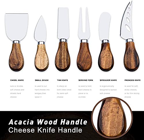 Cheese Knife, ONIPU 6-Piece Wood Handle Stainless Steel Cheese Knife Set, Cheese Accessories Knives, Cut, Slice, Shave Spread All Kinds of Hard and Soft Cheese Tool, Gift Box Serving for All Occasions