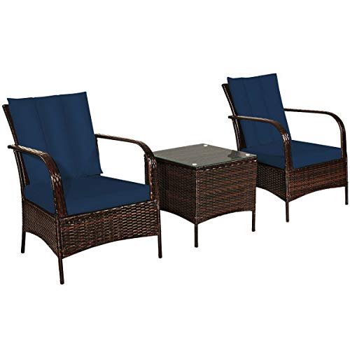 Almacén Navy Blue 3 PCS Outdoor Conversation Set Patio Furniture Set 2 PE Rattan Chair 1 Tempered Glass Top Coffee Table Thick Sponged Cushion Perfect for Backyard Deck Balcony Pool Side Use