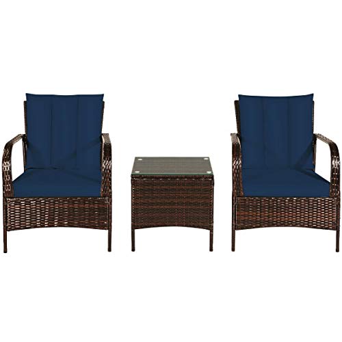 Almacén Navy Blue 3 PCS Outdoor Conversation Set Patio Furniture Set 2 PE Rattan Chair 1 Tempered Glass Top Coffee Table Thick Sponged Cushion Perfect for Backyard Deck Balcony Pool Side Use