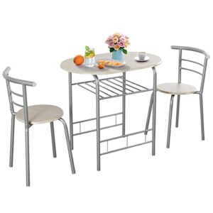 arlime 3-piece dining set, round kitchen table w/ 2 chairs, steel frame & wine rack, small kitchen table for apartment, dining room, kitchen, small space (grey)