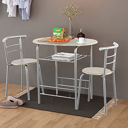 ARLIME 3-Piece Dining Set, Round Kitchen Table w/ 2 Chairs, Steel Frame & Wine Rack, Small Kitchen Table for Apartment, Dining Room, Kitchen, Small Space (Grey)