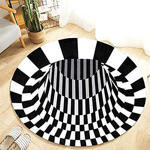 3D Rug, Removable Magic Floor Visual Illusion Shaggy Rug,Sofa Round Blanket,Black White Plaid Round Square Rugs Anti-Skid Non-Woven Durable Doormat 3D Visual Floor Rug Carpet for Living Room,A,0.6×0.6