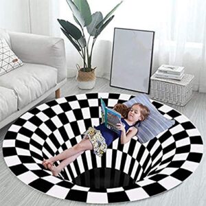 3D Rug, Removable Magic Floor Visual Illusion Shaggy Rug,Sofa Round Blanket,Black White Plaid Round Square Rugs Anti-Skid Non-Woven Durable Doormat 3D Visual Floor Rug Carpet for Living Room,A,0.6×0.6