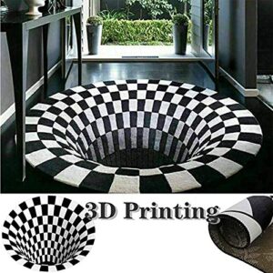 3D Rug, Removable Magic Floor Visual Illusion Shaggy Rug,Sofa Round Blanket,Black White Plaid Round Square Rugs Anti-Skid Non-Woven Durable Doormat 3D Visual Floor Rug Carpet for Living Room,A,0.6×0.6