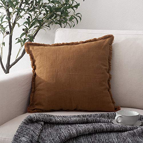 ATLINIA Linen Decorative Throw Pillow Cover 20'' x 20'' Fringed Throw Pillow Cover Pillow Cases Accent Pillows for Bed Brown Pillow Cover